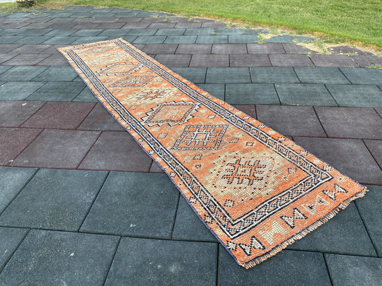 3x11 Ft Runner Rug, Vintage Runner Handmade Hallway Turkish Orange Rug