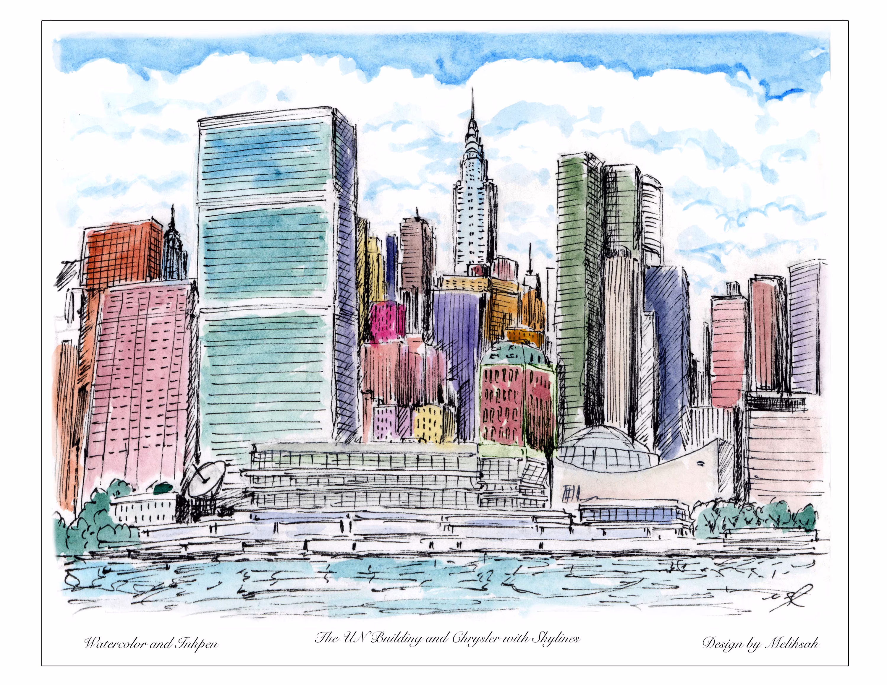 The Un Building New York, Chrysler & Plaza , Wall Decor, Print, Water Color, Awarded Artist Meliksah