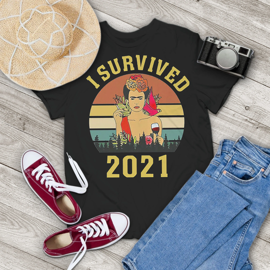 Frida I Survived 2021 Sunset Vintage T-Shirt, Global Pandemic Shirt, Kahlo Gift Tee For You & Your Family