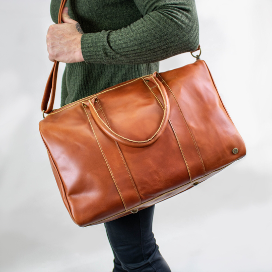 Compact Weekend Bag in Tan Buffalo Leather - Handmade Premium Holdall Personalized Overnight Brown Travel Cabin By Mahi