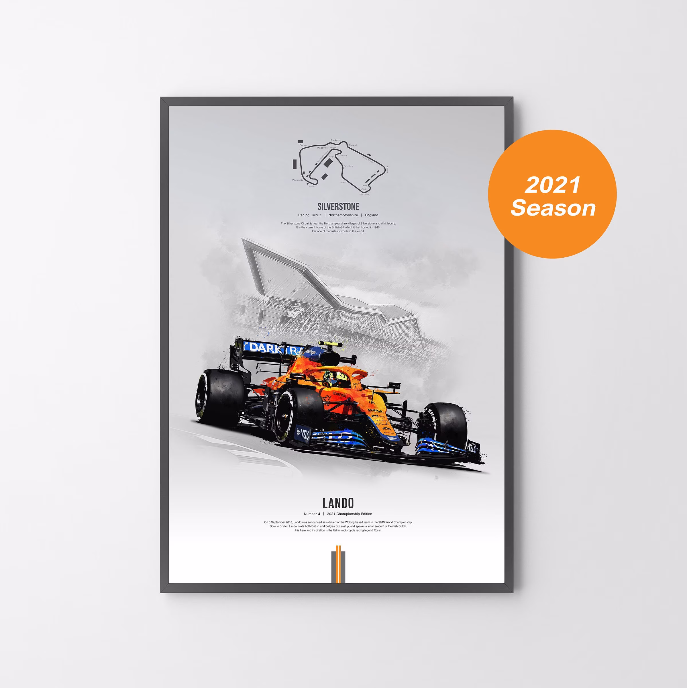 Lando Norris & Silverstone Circuit | 2021 F1 Mclaren Car Grand Prix Poster Print Illustration | Unframed