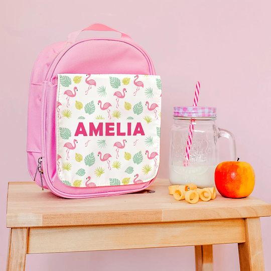 Personalised Flamingo Print Lunch Bag, Insulated Box, Back To School Supplies, Name Bag For Kids Nursery Toddlers