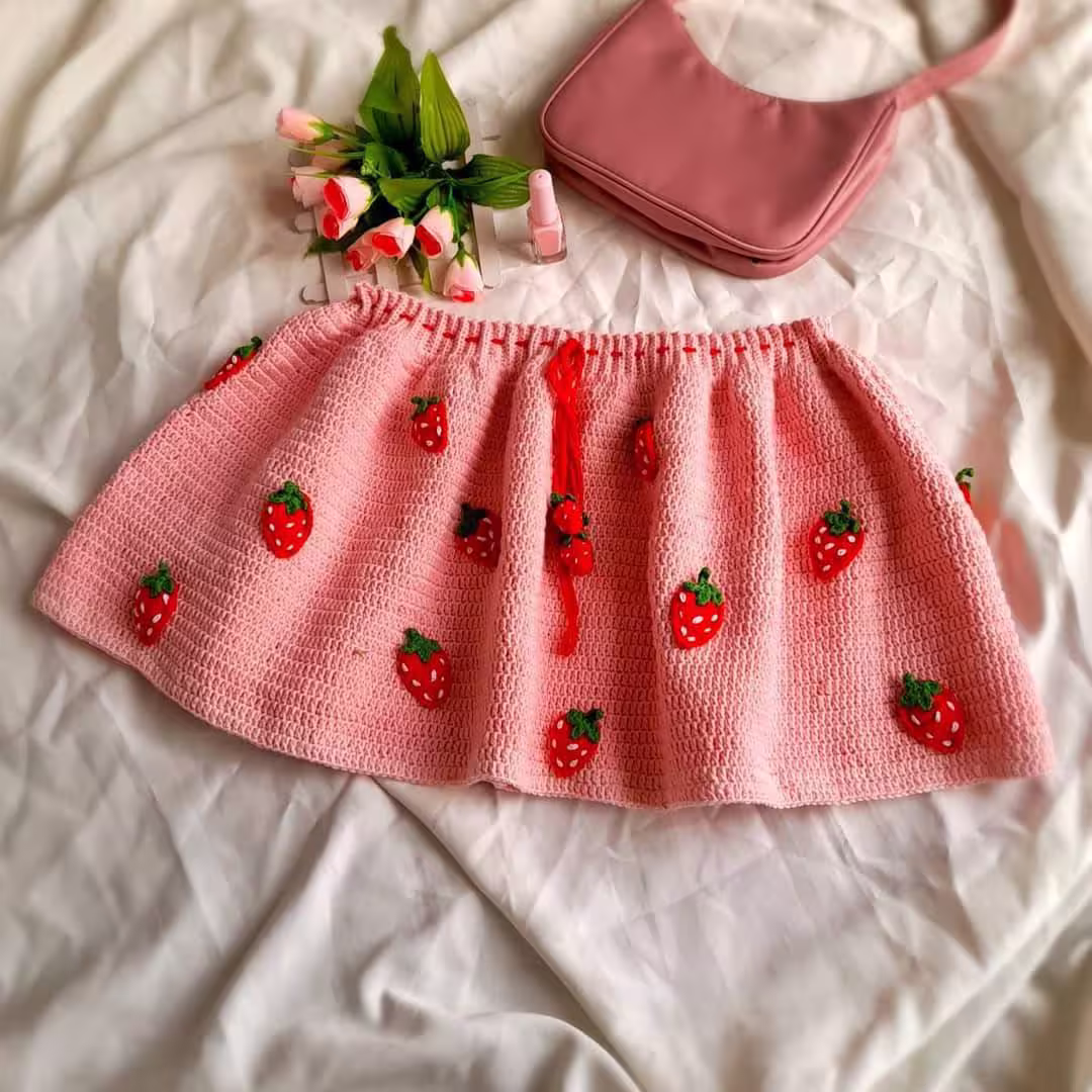 Strawberry Skirt | Crochet Strawberry Pattern Flared Circular Kawaii Clothes , Festival Outfits , Harajuku Clothing