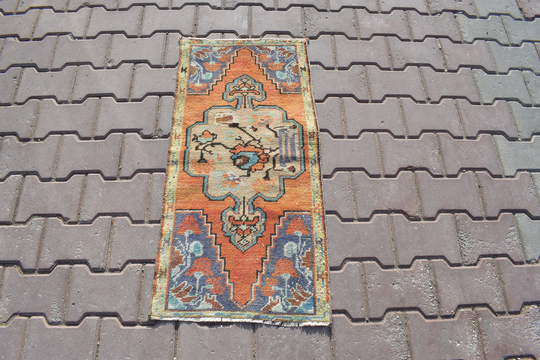 1x3 Oushak Small Rug, Turkish Mini Rug, Bath Rug, Orange Small Rug, Doormates, Handmade Rug, Small Gift Wool Rug, 1'5x3'1 Ft, 489-B