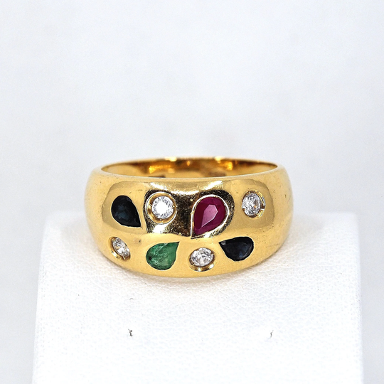 Massive 18K Solid Gold Ring With Colorful Gemstones Superb Wedding Band Fine Estate Jewelry Stamped & Numbered