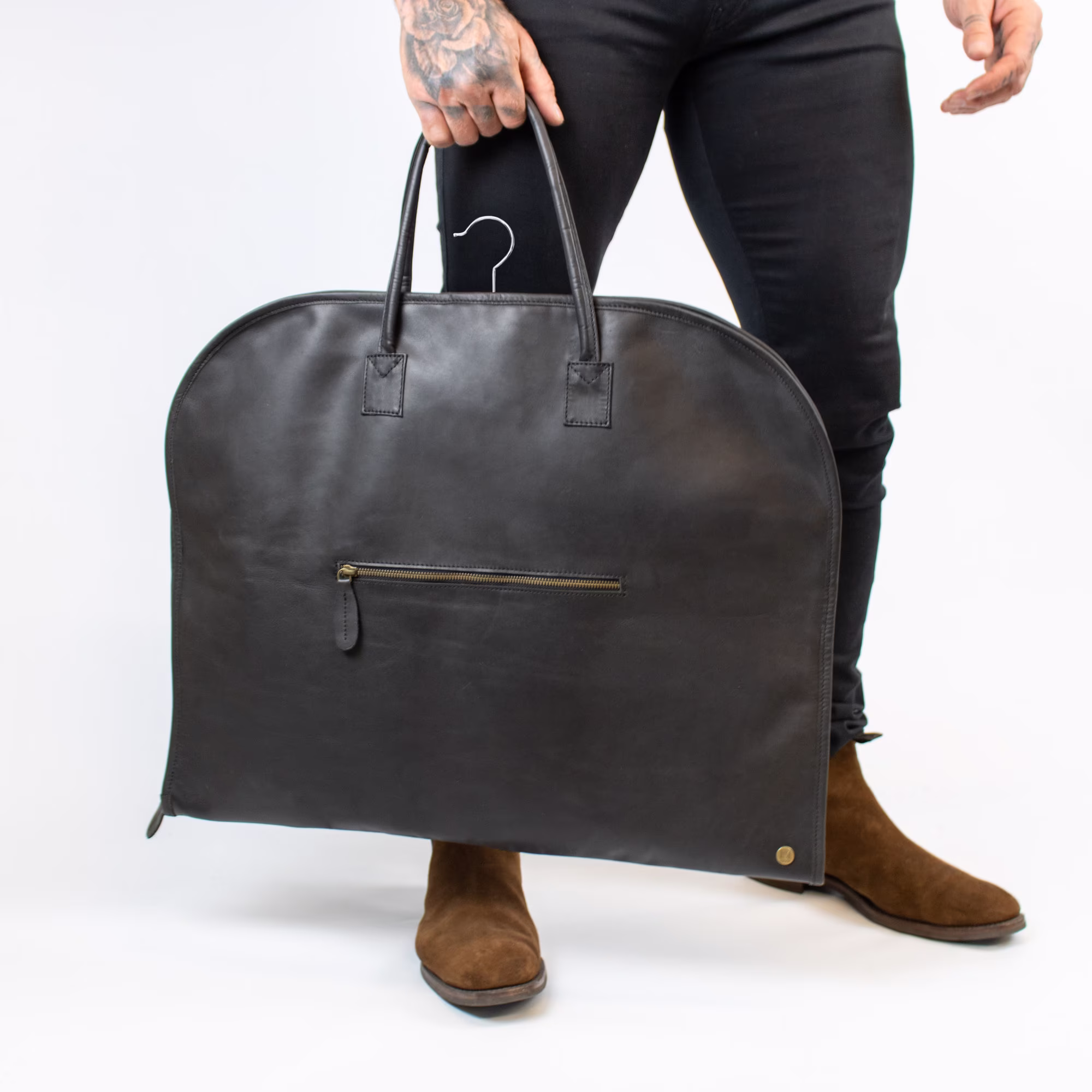 Personalized Initials Full Grain Leather Suit Carrier | Dress Or Garment Cover Bag Protection in Black Groomsmen Gift By Mahi