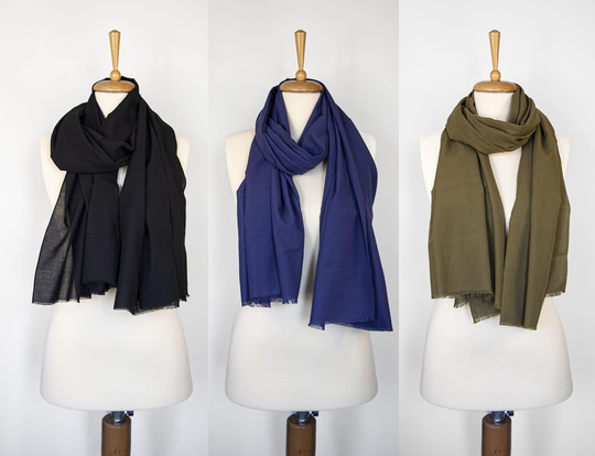 Set Of 3 Natural Cotton Scarves, Black/Dark Blue/Khaki Stylish Shawl Gift Set, Pick By A Color Scarves, Cotton Scarf Set