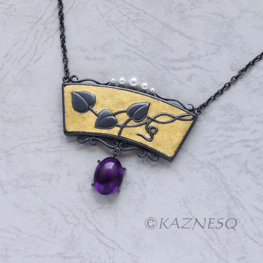 Japanese Art Leaf Motif Oxidized Silver Necklace With Amethyst & Akoya Pearls
