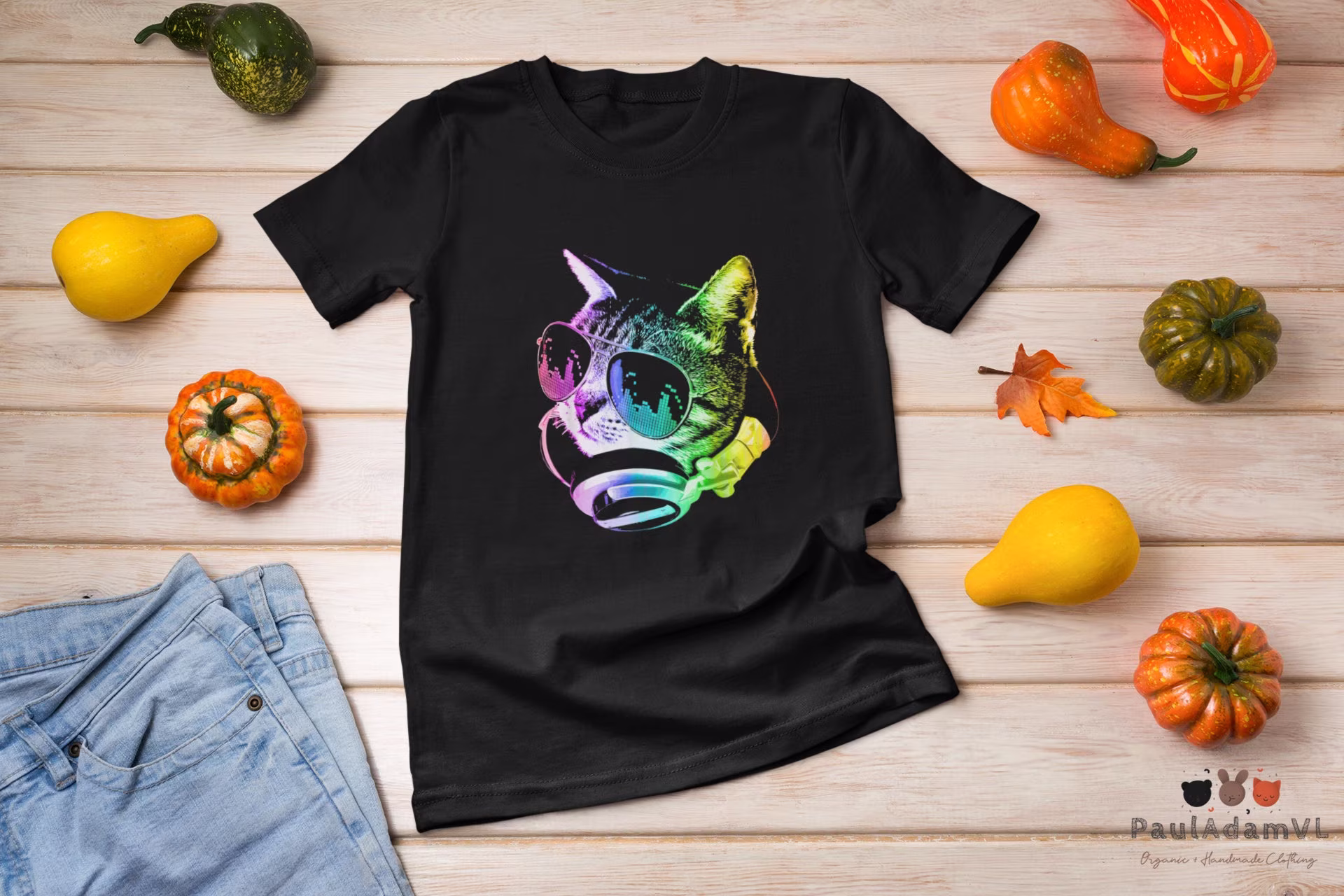 Rainbow Music Cat Vintage T-Shirt, Shirt, With Glasses, Dj Hip Hop Cat, Headphones Lover Gift