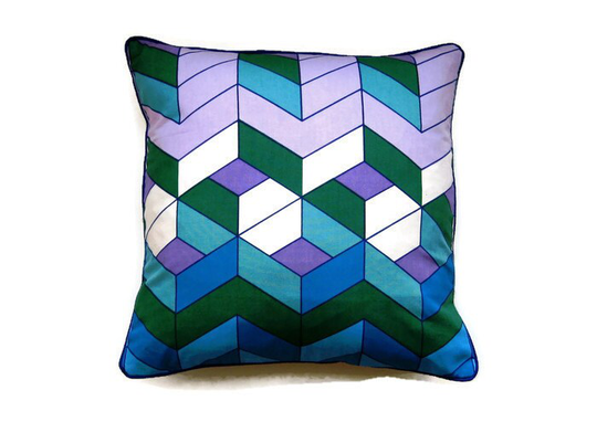 Geometric Chevrons, Turquoise Blue, Green, Lilac, Early 70S Vintage Cotton Cushion Cover, Throw Pillow Homeware Decor, 18 X Ins