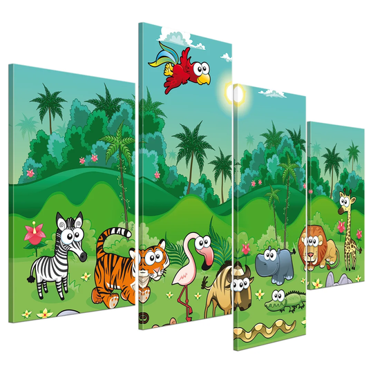 Jungle Animals Cartoon 4-Piece Children's Graphic Art on Canvas Set