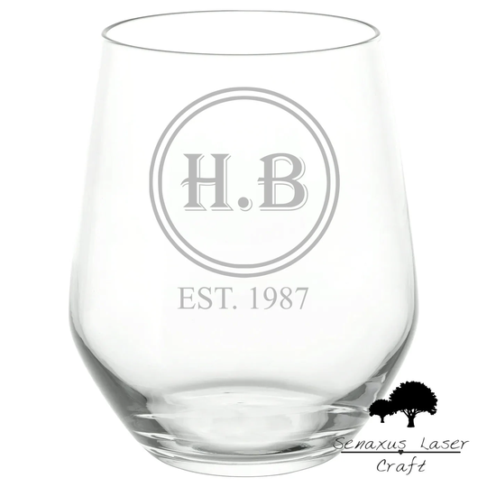 Personalised Initials Stamp Design Stemless Wine/Spirit Glass. Amazing Gift For Birthdays, Christmas & Weddings