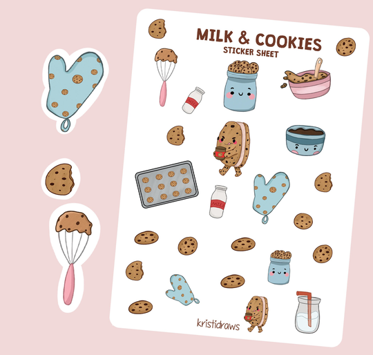 Kawaii Milk & Cookies Planner Sticker Sheet | Bujo Stationary Scrapbook Stickers Food Cookie