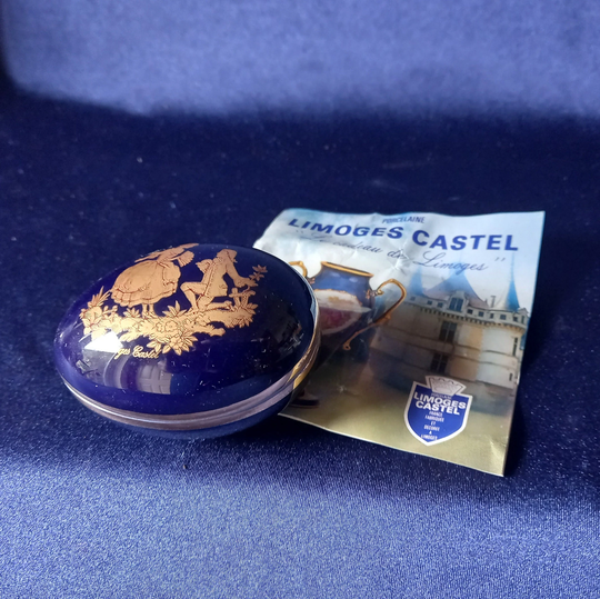 Limoges Trinket Pot, Egg, Cobalt Blue, Fragonard, Courting Couple, Ring Dish, Miniature, Vintage Gift