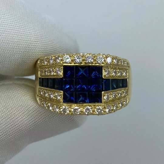 3.80Ct French Made Mystery Set Blue Sapphire & Diamond 18K Yellow Gold Ring