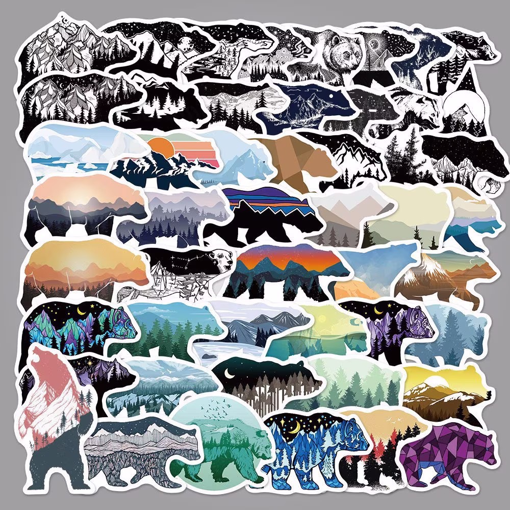 50 Pack Bear Graphic Art Sticker Set | Wildlife |Waterproof Decal For Phone, Laptop, Car, Skateboard, Water Bottle, Planner, Journal