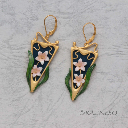 Art Nouveau Style Gold Plated & Color Painted Silver Flower Earrings
