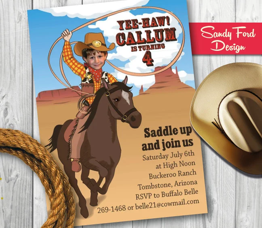 Cowboy Birthday Party Invitation For Boy Or Girl - Personalized With Your Photo Digital File