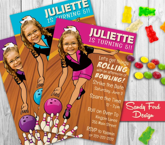 Girl's Bowling Birthday Invitation - Personalized With Your Photo Digital File