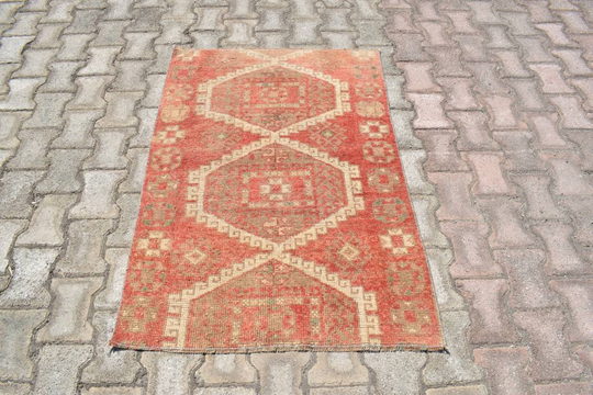 2x4 Small Size Rug, 2x4 Vintage Rug, 2x4 Turkish Area Oushak Red Wool Antique Rug, 2'8x4'0 Ft, 715-K