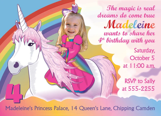 Unicorn Rainbow Princess Birthday Party Invitation - Personalized With Your Photo Digital File