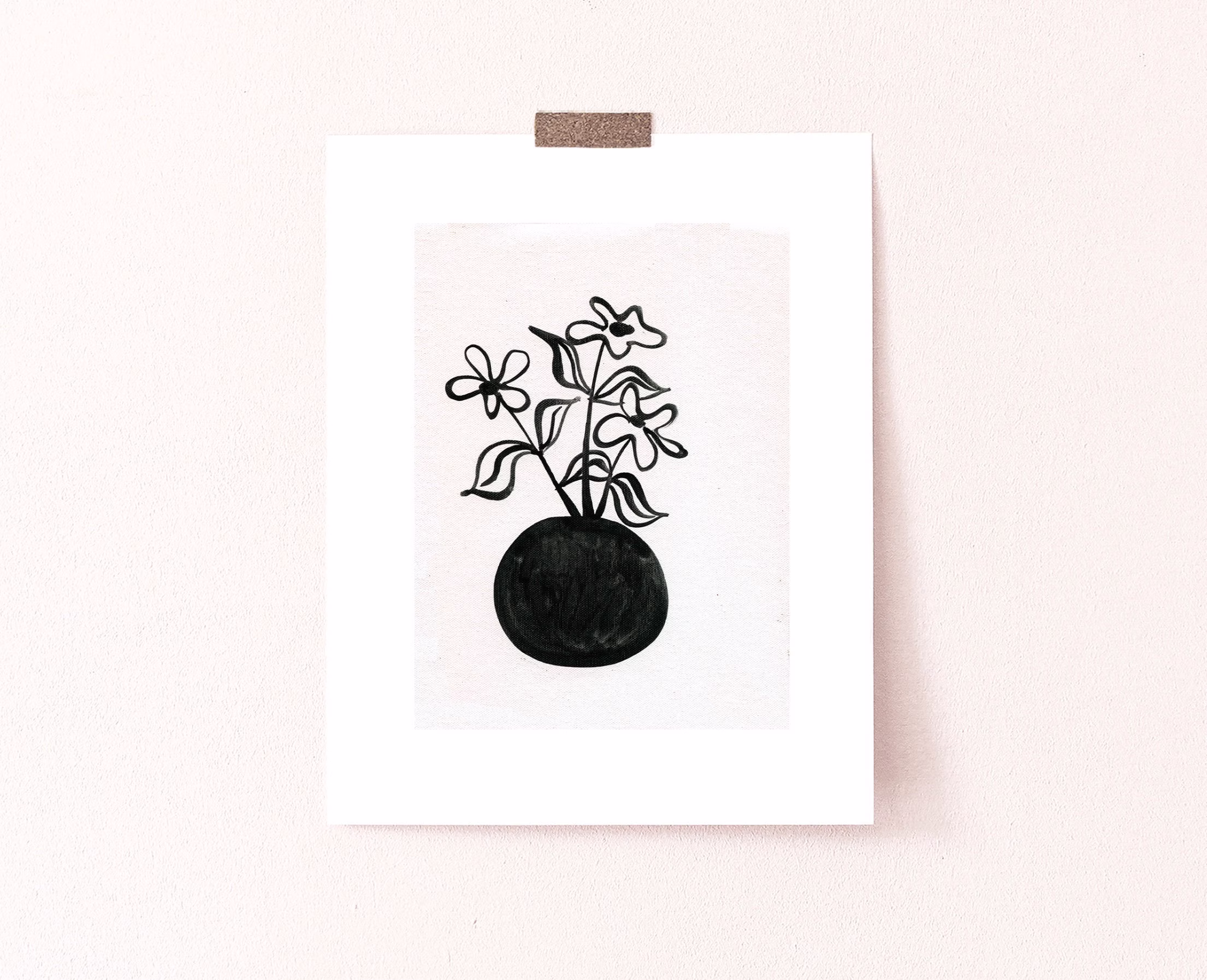 Minimalist Flower Print, Black & White Prints, Daisies in A Vase, Graphic Art Boho Wall Art, Daisy Vintage Poster