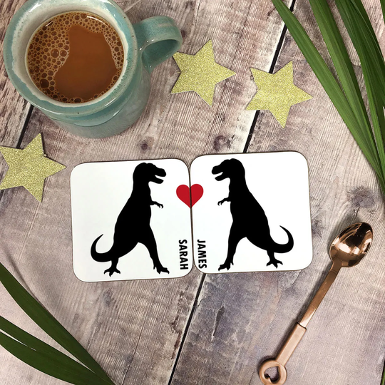 Custom Dinosaur Couple Coaster Set - Personalised Quirky Dino Christmas Gift For Couples
