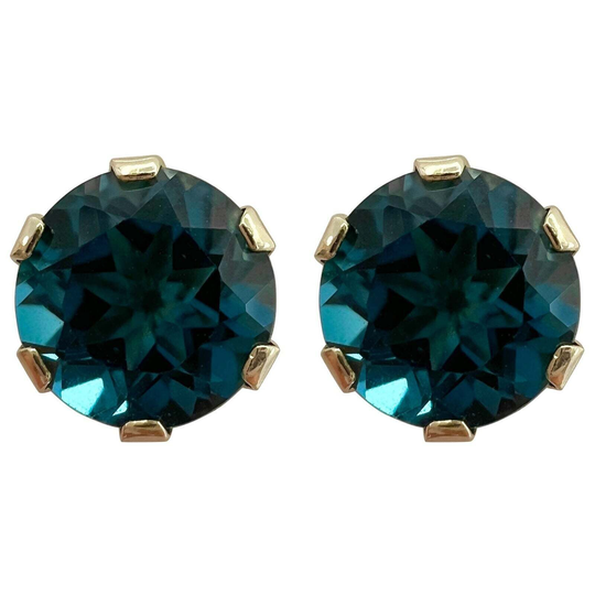 Brand New London Blue Topaz 2 Carat Round Cut 9 Karat Yellow Gold Earring Studs