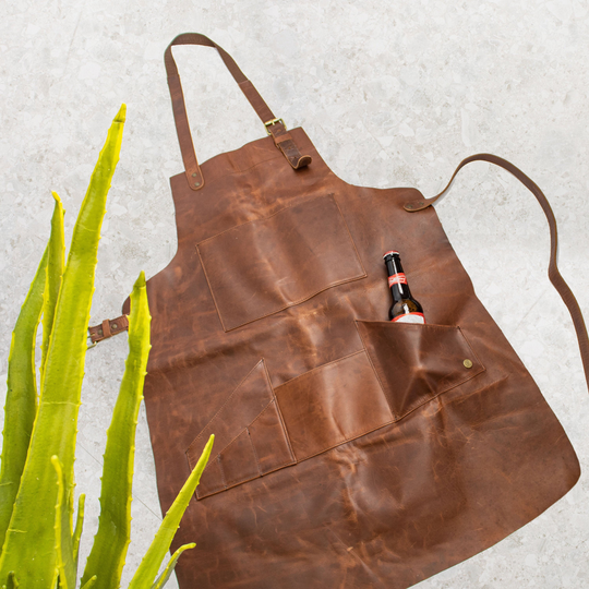 Apron With Beer Holder - Distressed Multi-Pocket Brown Full Grain Leather Butchers For Hobbyists Woodwork Blacksmith Pockets