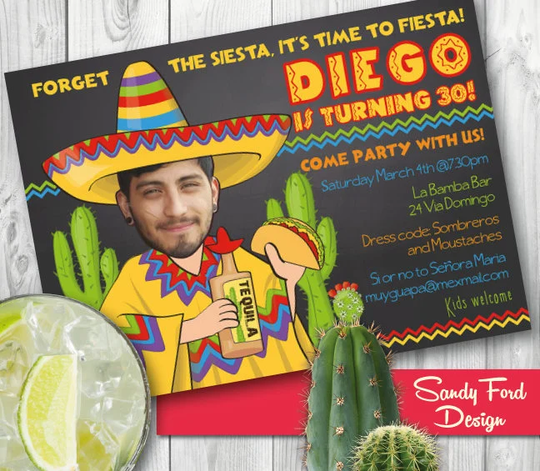 Mexican Fiesta - Tacos & Tequila Birthday Party Invitation For Boy Or Girl Personalized With Your Photo Digital File
