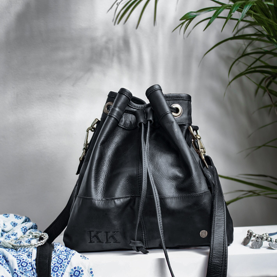 Personalized Leather Bucket Bag With Drawstring - Classic Cross Body in Black Handmade Full Grain By Mahi