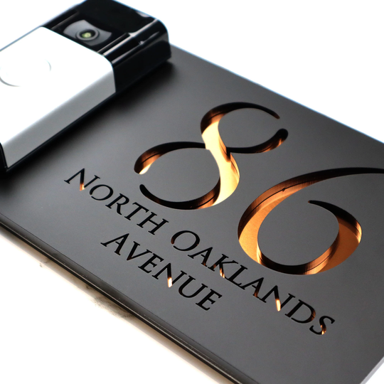K Smart Sign | Bellissima Db Ring Nest Video Wifi Doorbell Laser Cut Matt Black & Copper Mirror Floating House
