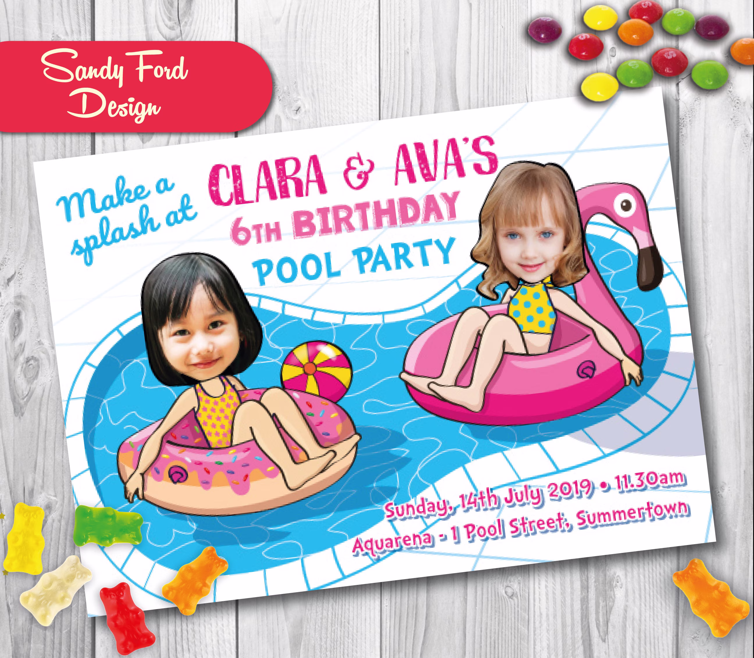 Pool Party Birthday Invitation For 2 Children - Personalized With Your Photo Digital File