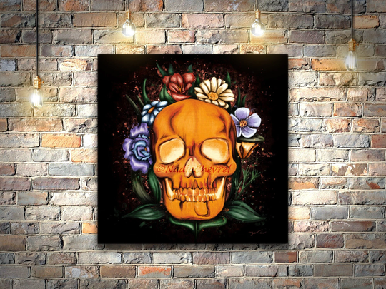 Human Floral Skull Painting, Contemporary Canvas Art Print, Glowing & Flowers Print For Gothic Home Decor Or Goth Wedding Gift Idea