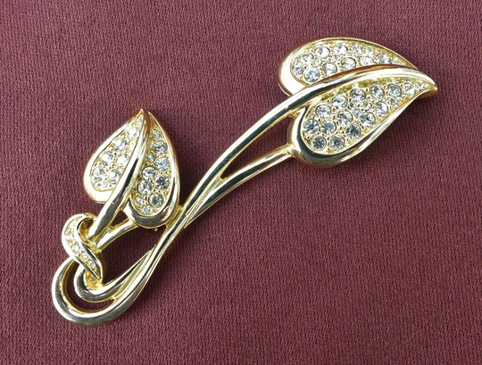 Vintage 1980S Gold-Plated Pavé Diamanté Brooch, Two Long Heart-Shaped Leaves On Curving Stems, Art Nouveau Style, Valentine's Day Gift