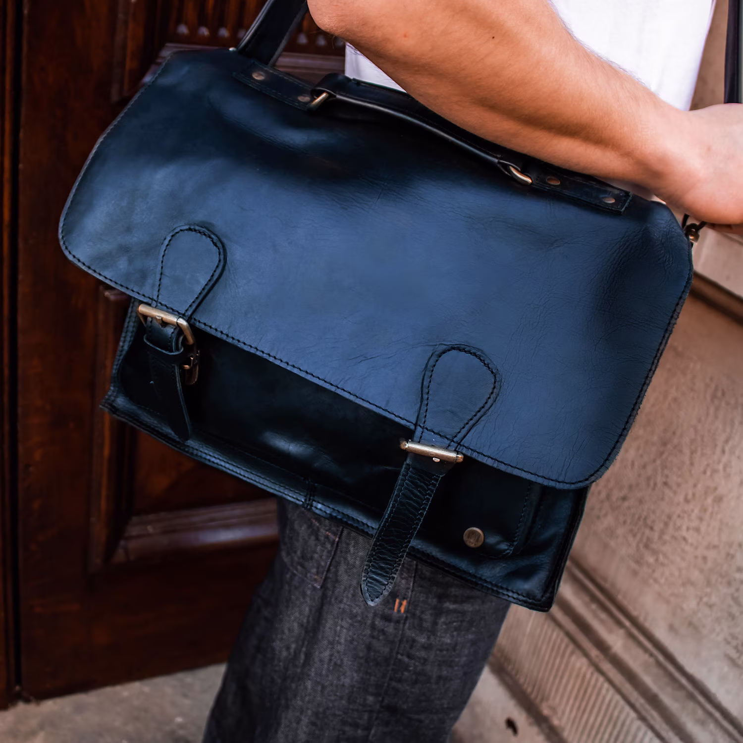 Traditional Navy Blue Leather Satchel - Messenger Bag Book School Bag/Work With 15