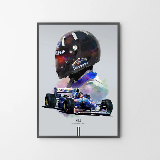 Damon Hill Formula One Car & Helmet Poster Print | Art Gift Illustration | Unframed