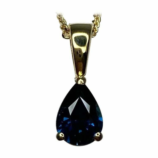 Igi Certified Untreated Deep Blue Sapphire Pear Teardrop 18K Yellow Gold Pendant