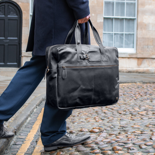 Black Full Grain Leather Work Bag For Him Her Laptop Capacity Holdall With Monogram Personalized Initials Cabin Mens Overnight