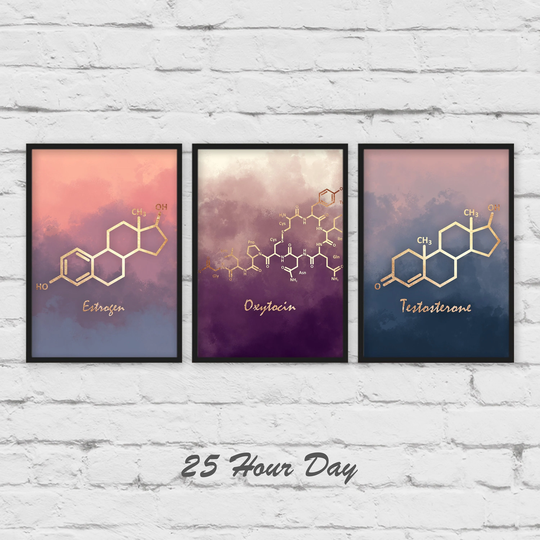 Set Of 3 Art Prints, Estrogen Molecule, Testosterone Molecule, Oxytocin Poster, Office Gift, Doctor Nursery Art