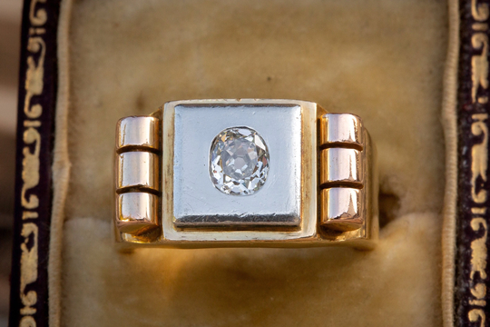 French Heavy 18K Gold & Platinum Diamond Signet Ring Antique Old Mine Cut Art Deco Tank Chevalière Pinky 1940's Vintage Engagement