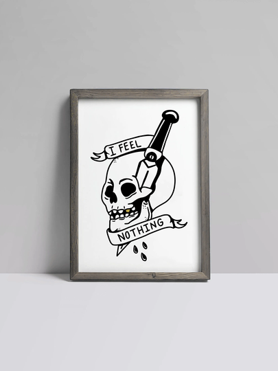 Skull Tattoo Style Print - Illustrated Black & White, 8.5x11 Print On Matte Card Stock. Gold Tooth Illustration. Unframed Print