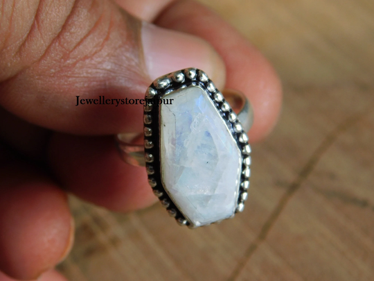 Rainbow Moonstone Ring Coffin Ring 925 Sterling Silver Band Handmade Statement Jewelry Gift For Women