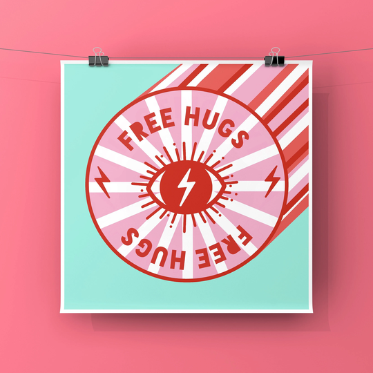 Square Free Hugs Print, Bright Graphic Art, Pop Art Blackpool Rock, Brighton Modern Typography Print