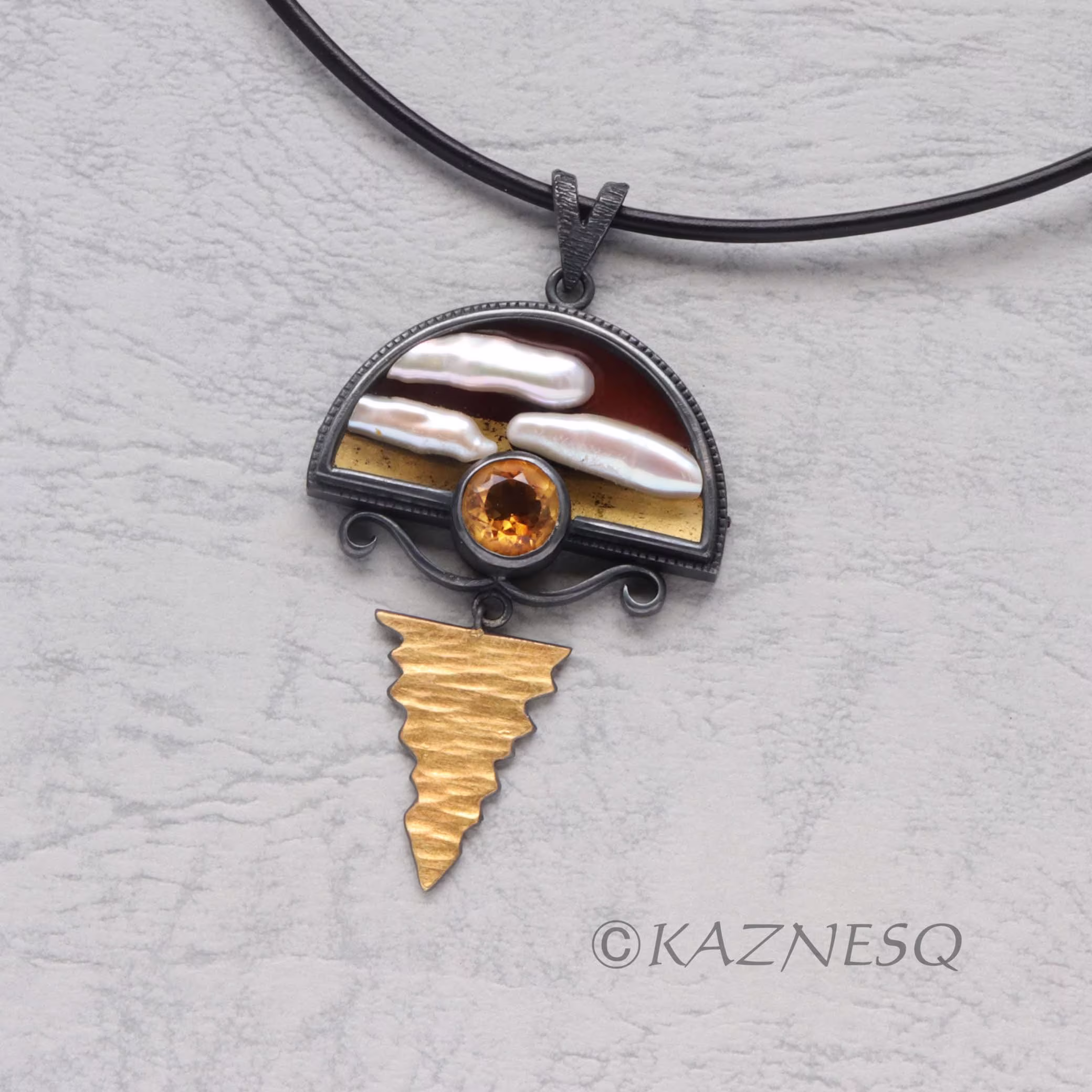 Sunset Motif Pearl Citrine Keum Boo Oxidized Silver Pendant Necklace