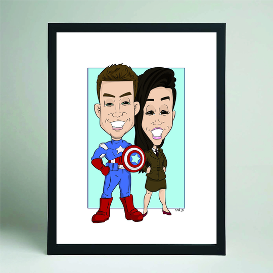 2 Person Caricature From Photo - Full Body Superhero Digital Jpeg File Two