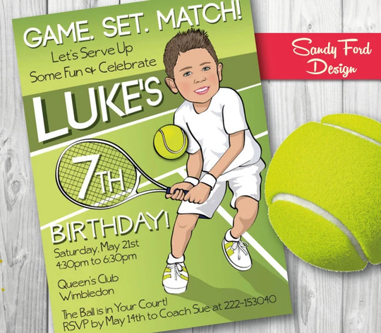Tennis Birthday Party Invitation - Illustrated From Your Photo Digital File