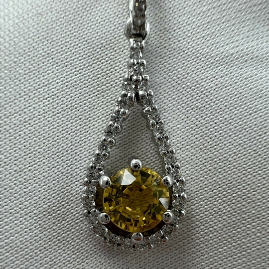 Certified Untreated Vivid Yellow Sapphire & Diamond 18K White Gold Pendant