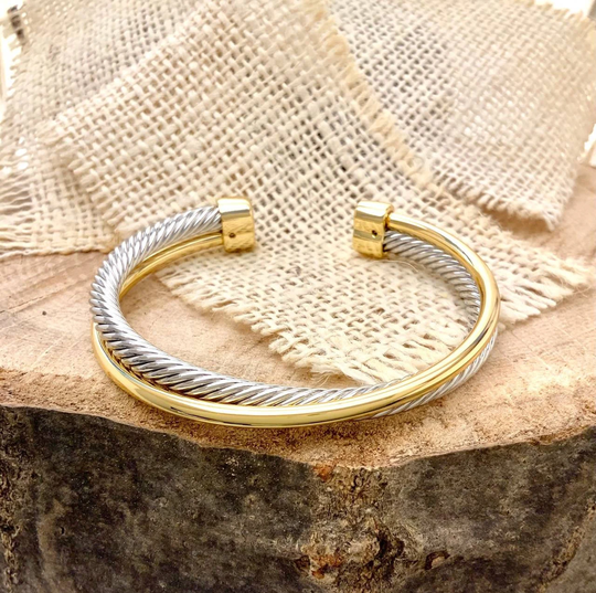 Classic 5mm Cable Cuff Bracelet Crossover Stackable Everyday Two Tone Gold Plated