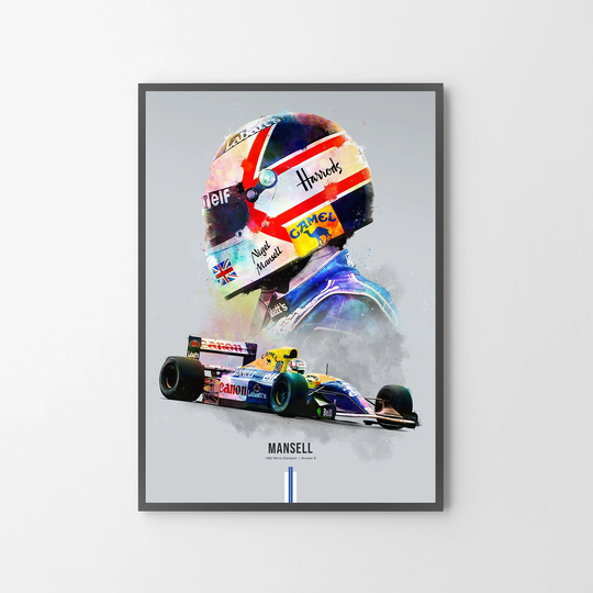 Nigel Mansell F1 Car & Helmet Poster Print | Art Gift Illustration | Unframed